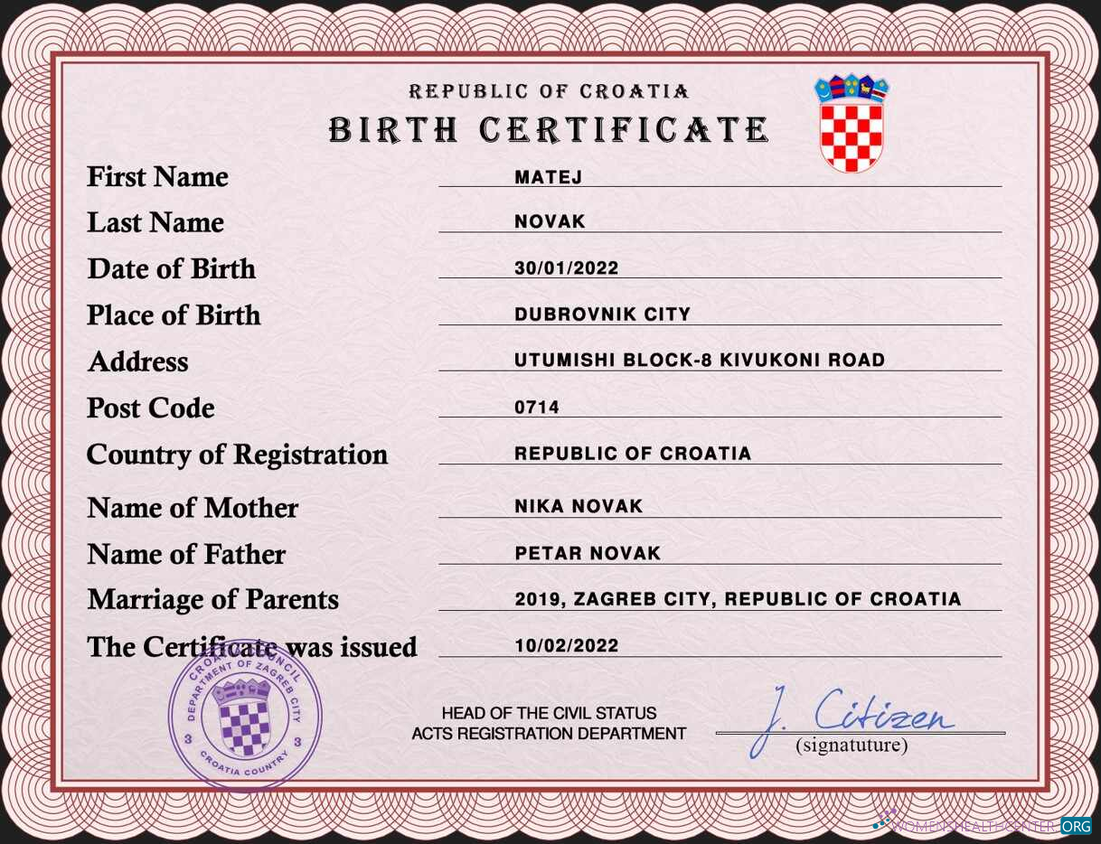 Download Croatia vital record birth certificate PSD template Photoshop template